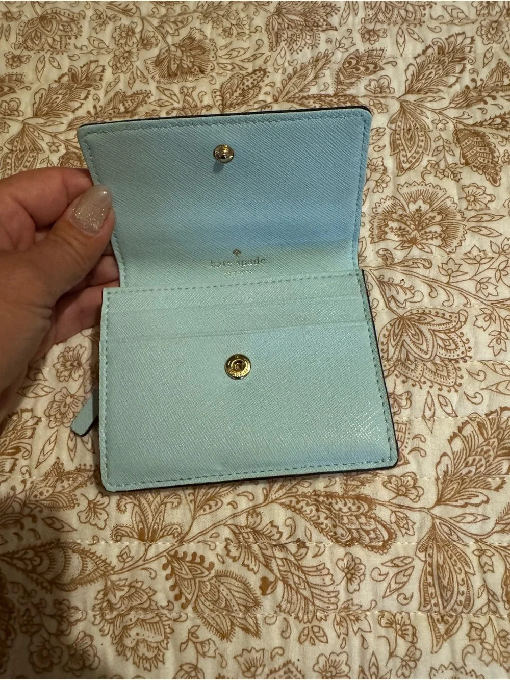 kate spade Pale Blue Saffiano Leather Bifold Wallet with Gold Plaque